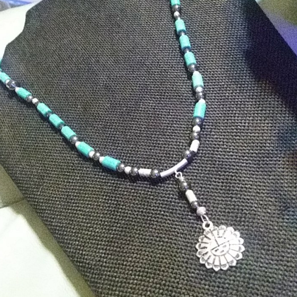 SLEEPING BEAUTY TURQUOISE-99.9 STERLING  STERLING, 92.5 AZTEC CALENDAR DROP. 24"